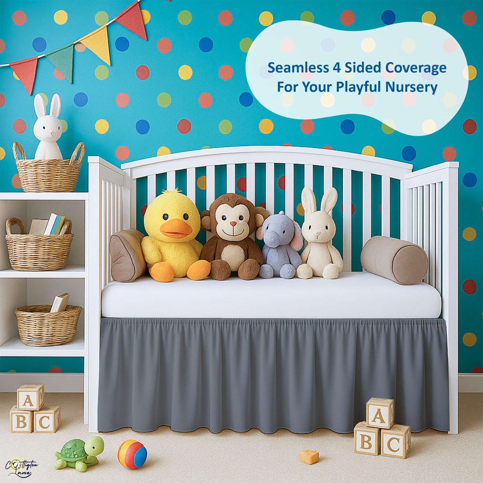 Cottington Lane crib skirt coordinates with nursery decor theme