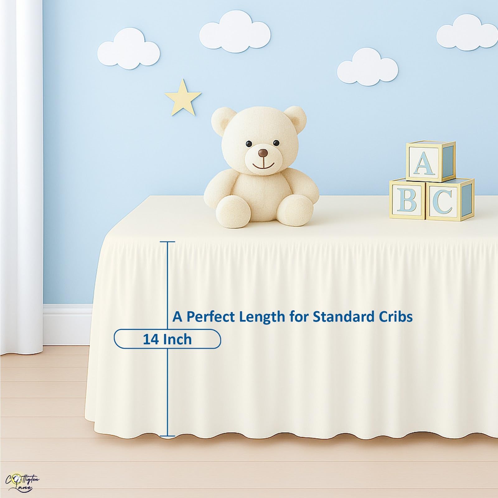 Cottington Lane Ivory crib skirt full coverage on all crib sides