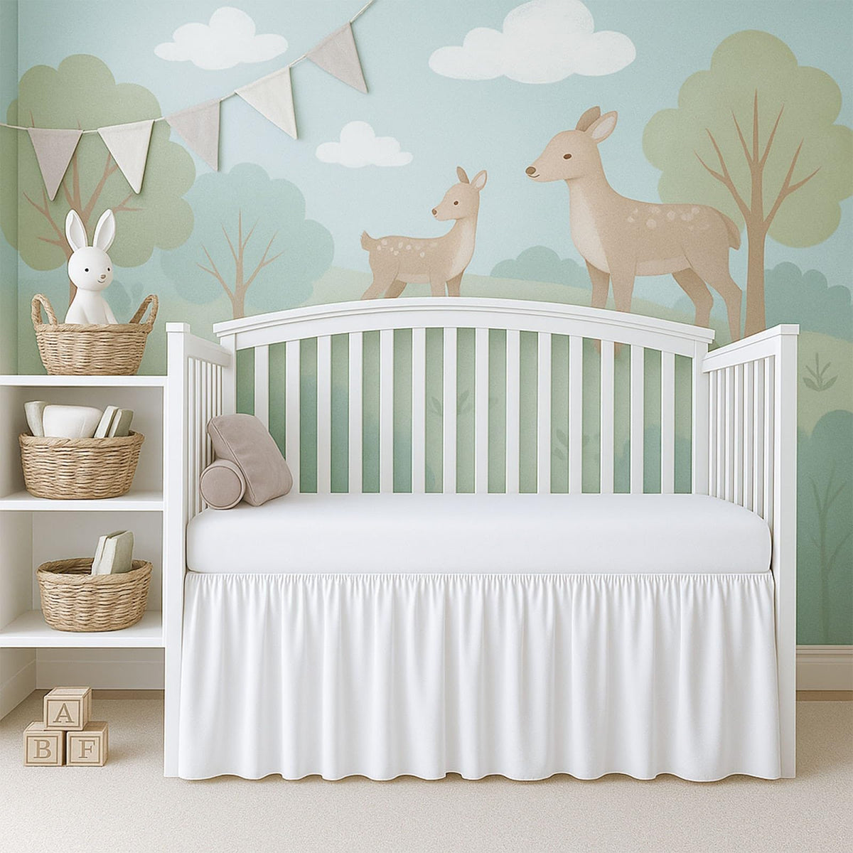 Cottington Lane ruffled crib skirt in white adds cozy texture to nursery cribs.