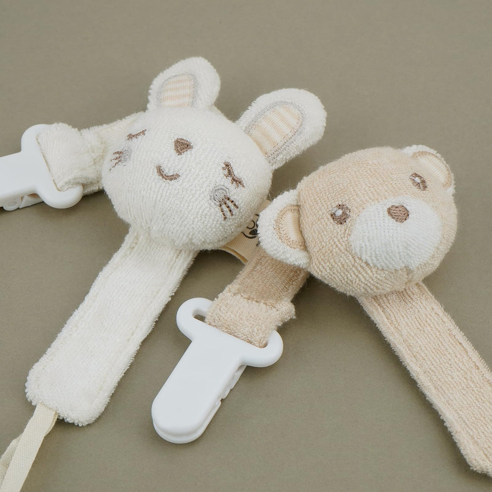 CottonBEBE clip attaches to clothes, blankets, or bibs