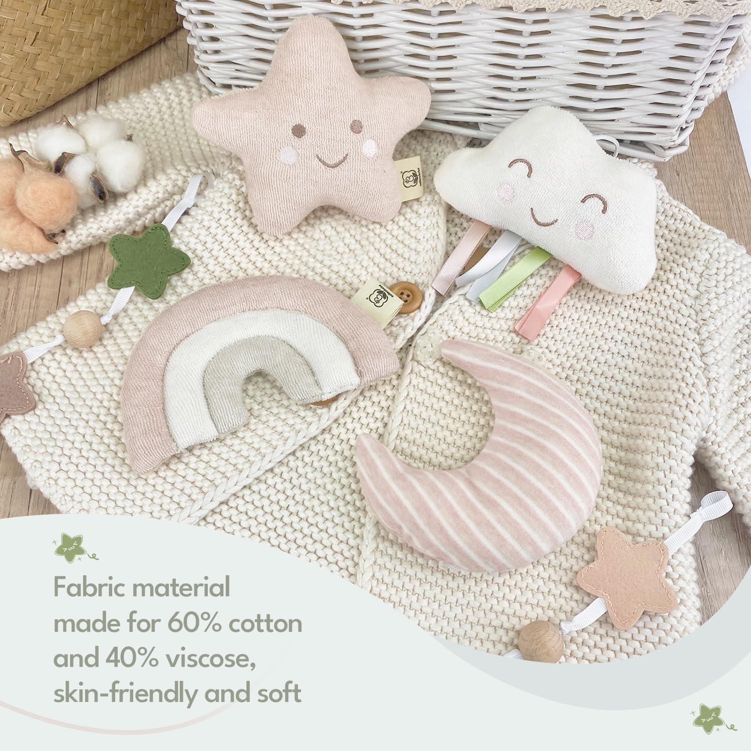 COTTONBEBE star motif close-up highlights breathable fabric touch.