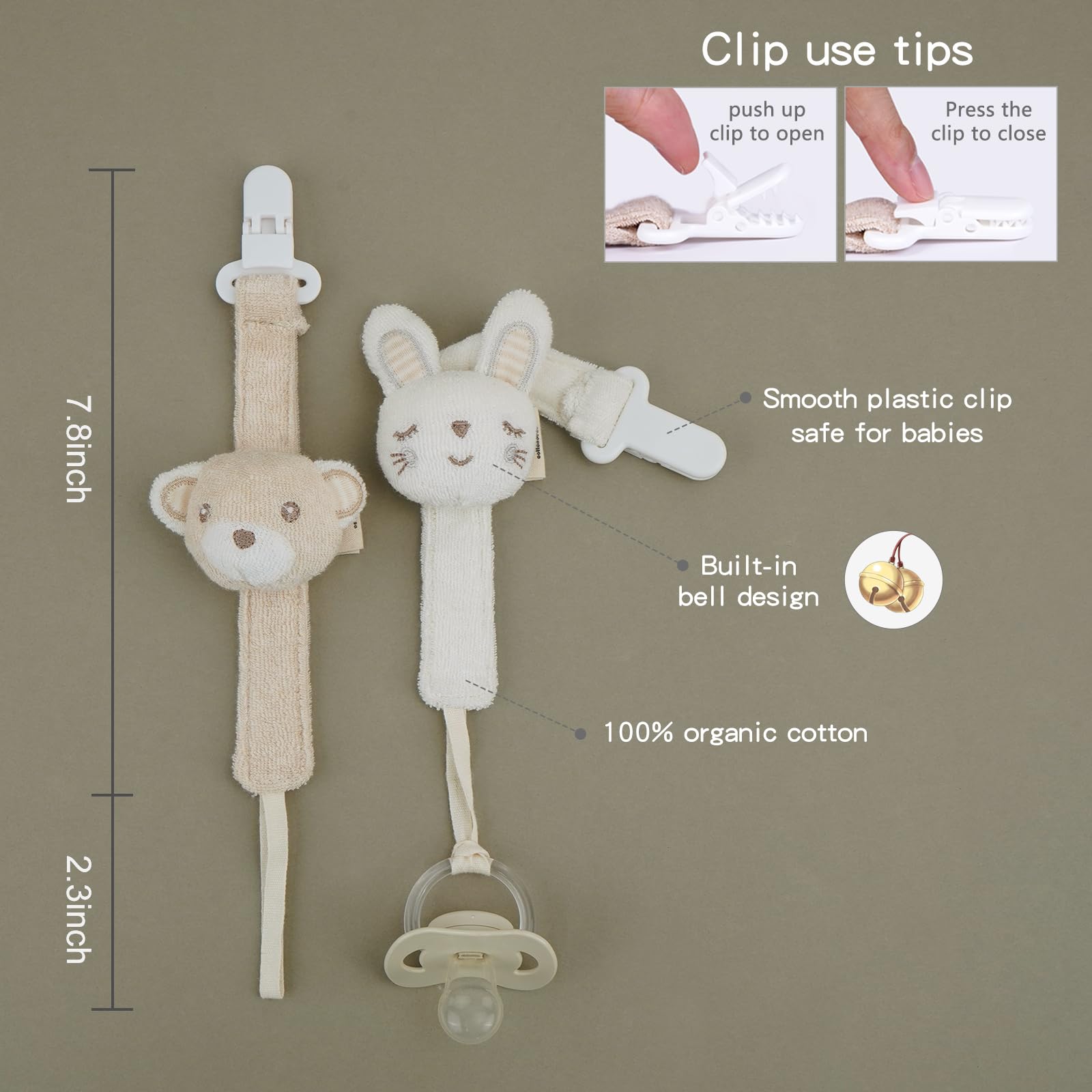 CottonBEBE premium plastic clip resists rust and secures pacifiers