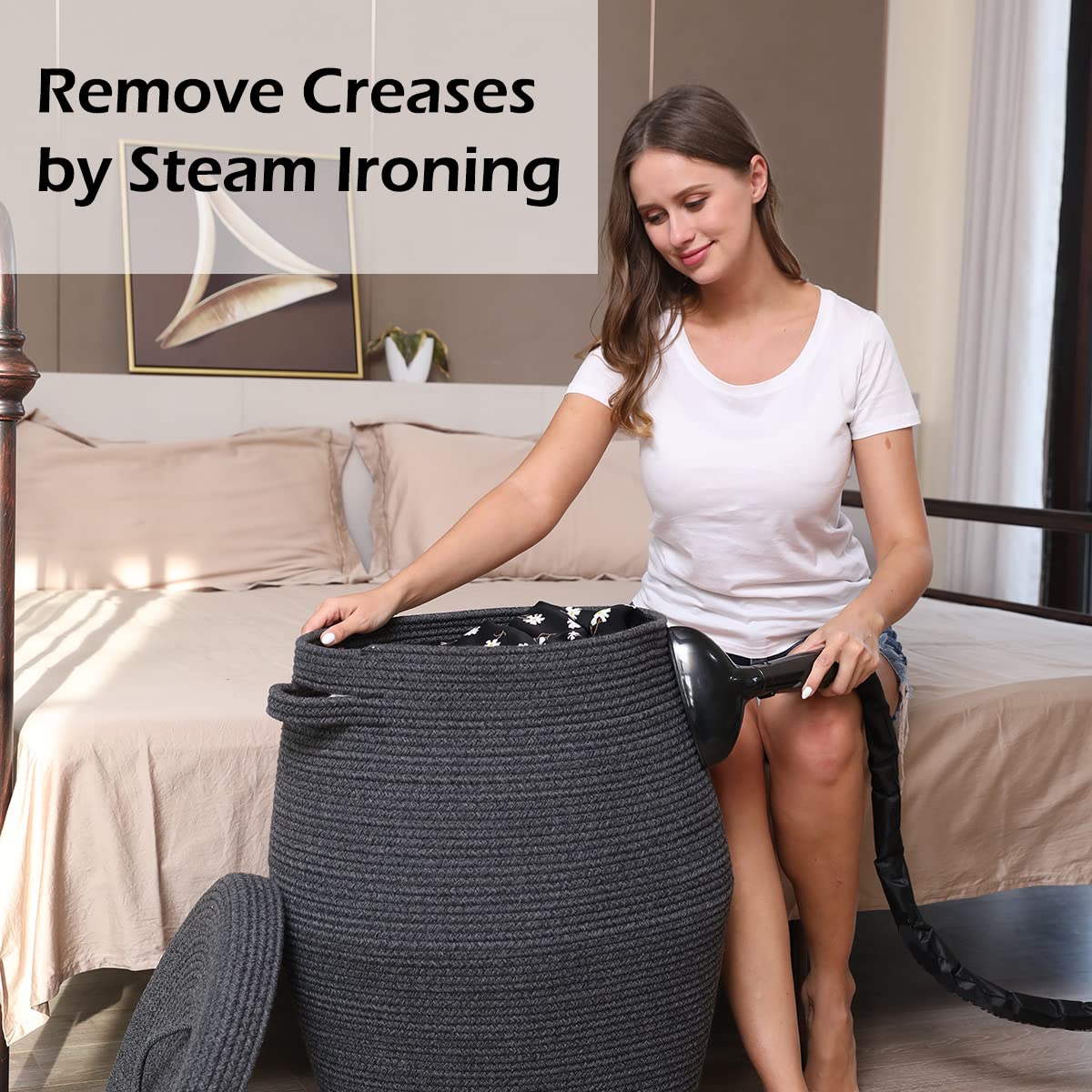 Cottonphant flagon-shape basket with cover keeps laundry discreet.