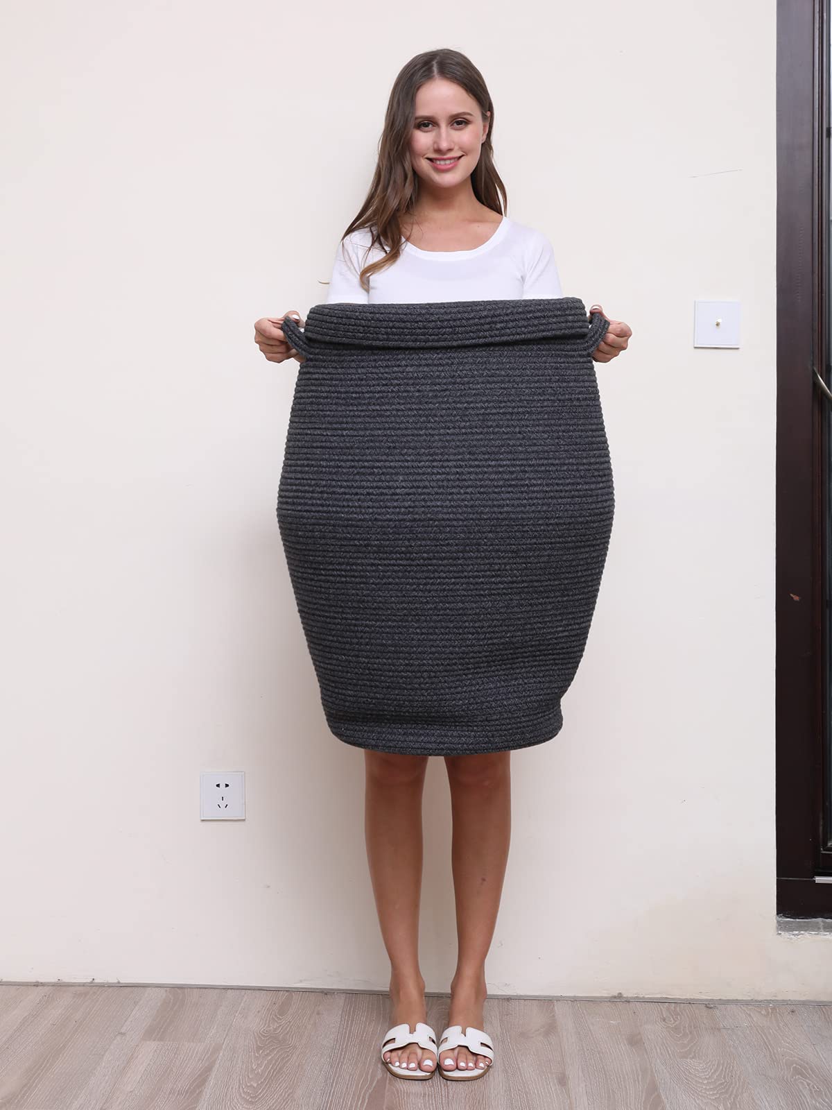 Cottonphant grey-black mix cotton rope basket adds versatile decor storage.