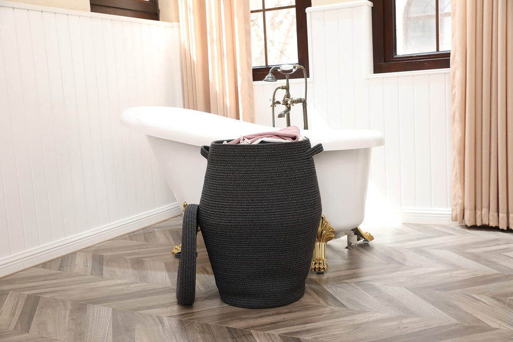 Cottonphant handcrafted cotton rope storage basket stands up by itself.