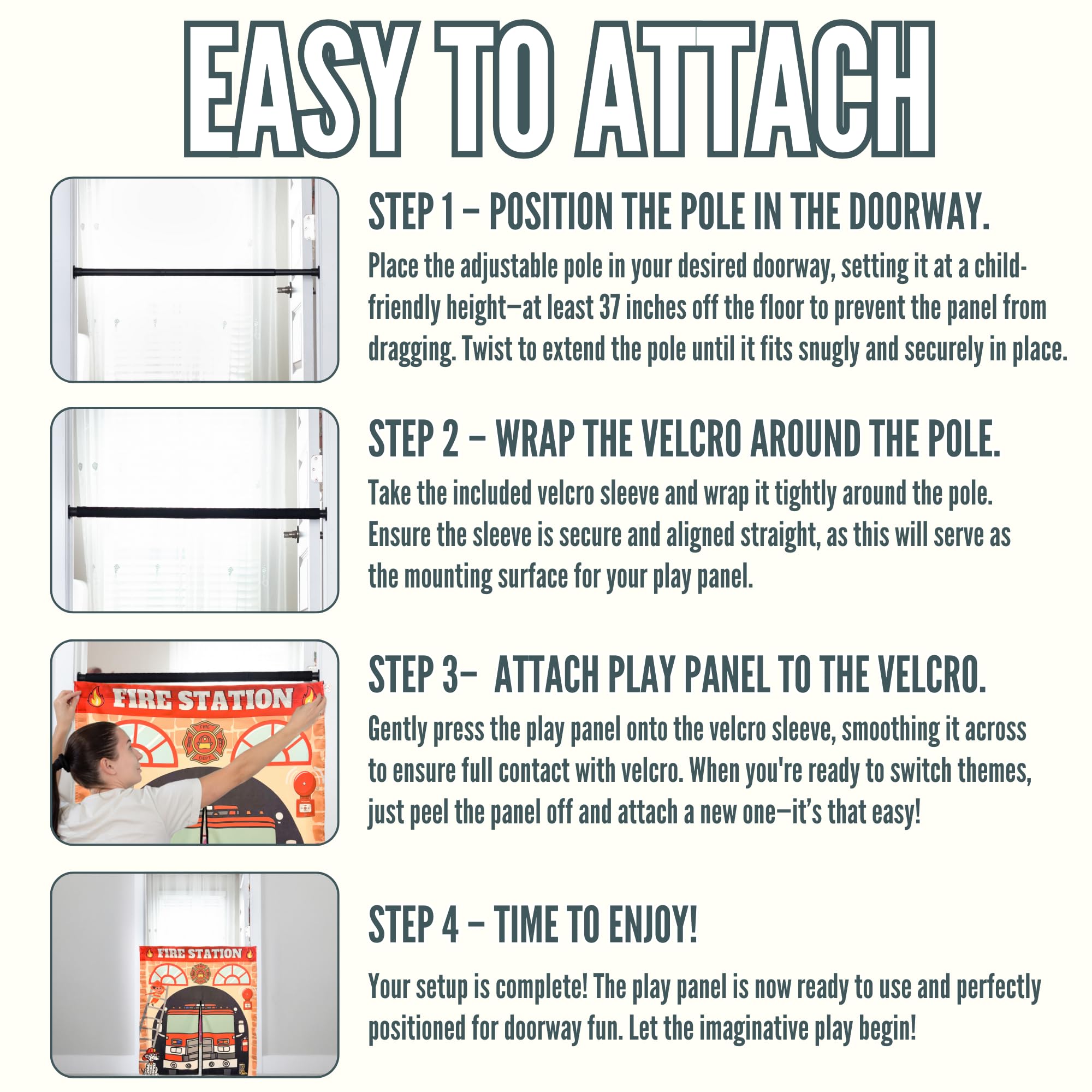 Couch Swag Play Panel adjustable doorway pole ensures quick, tool-free setup.