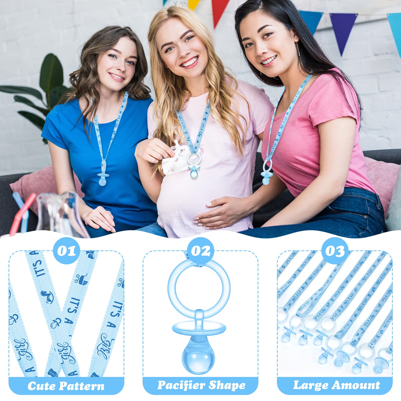 Coume blue acrylic pacifier necklace for baby shower decor and gifts