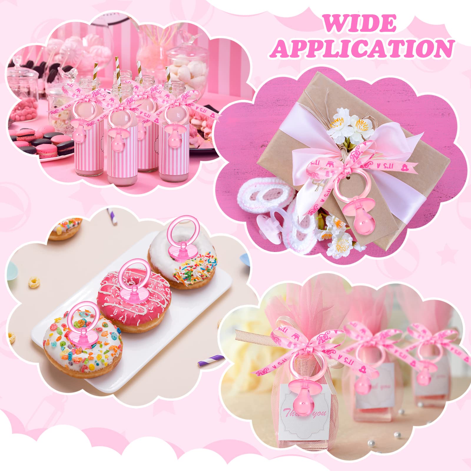 Coume pink pacifier necklaces used as baby shower decor accents
