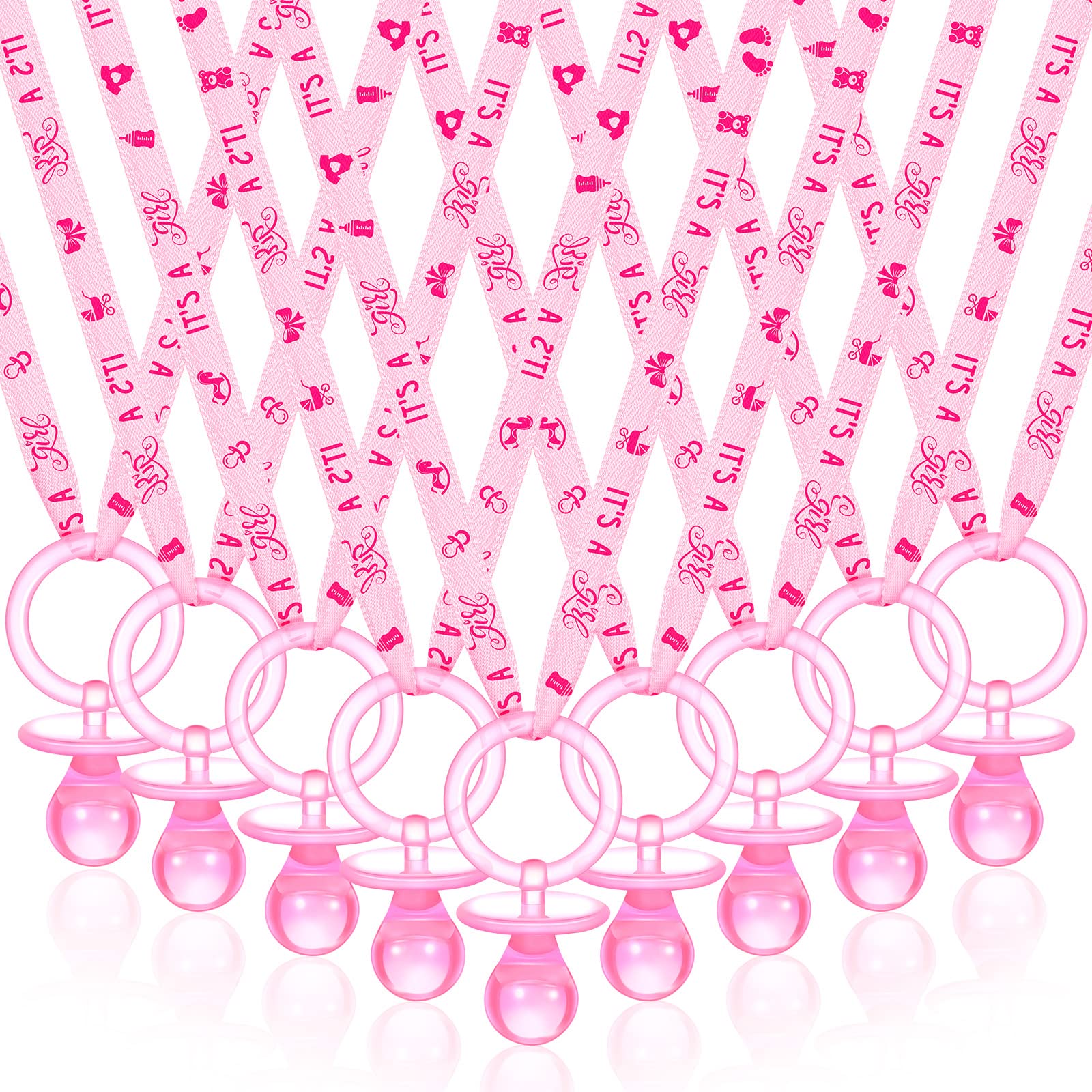 Coume pink pacifier necklaces for baby shower decor and table scatter