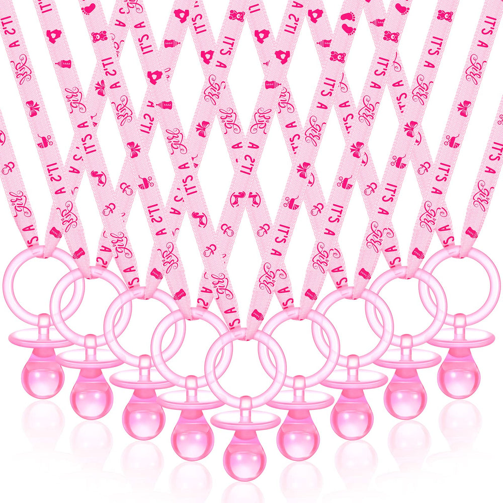 Coume pink pacifier necklaces for baby shower decor and table scatter