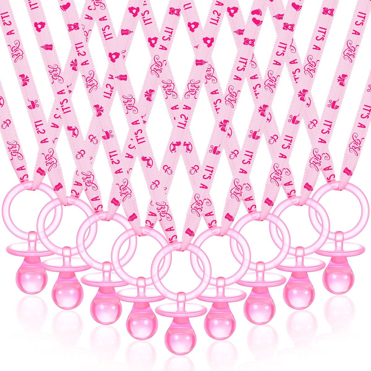 Coume pink pacifier necklaces for baby shower decor and table scatter