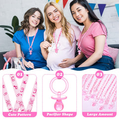 Coume pink pacifier necklaces inside a party setup for baby showers