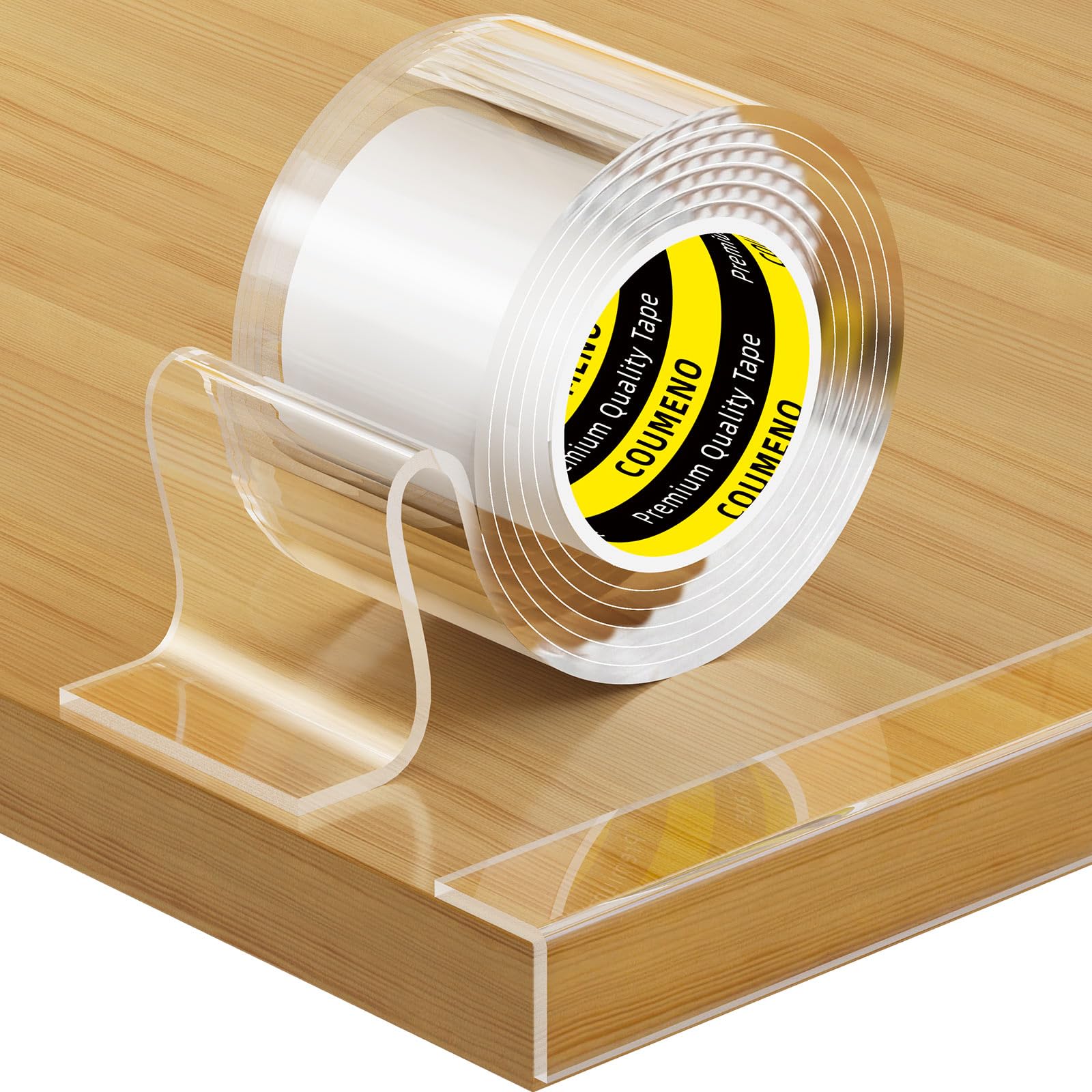 COUMENO Clear Edge Protector on a corner edge, blends with furniture for safer edges.