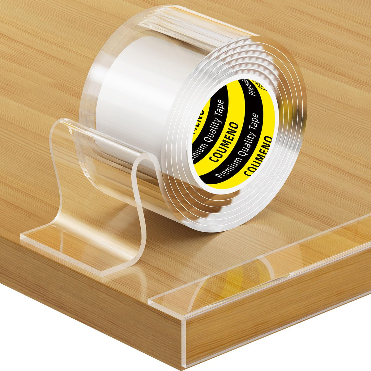 COUMENO Clear Edge Protector on a corner edge, blends with furniture for safer edges.