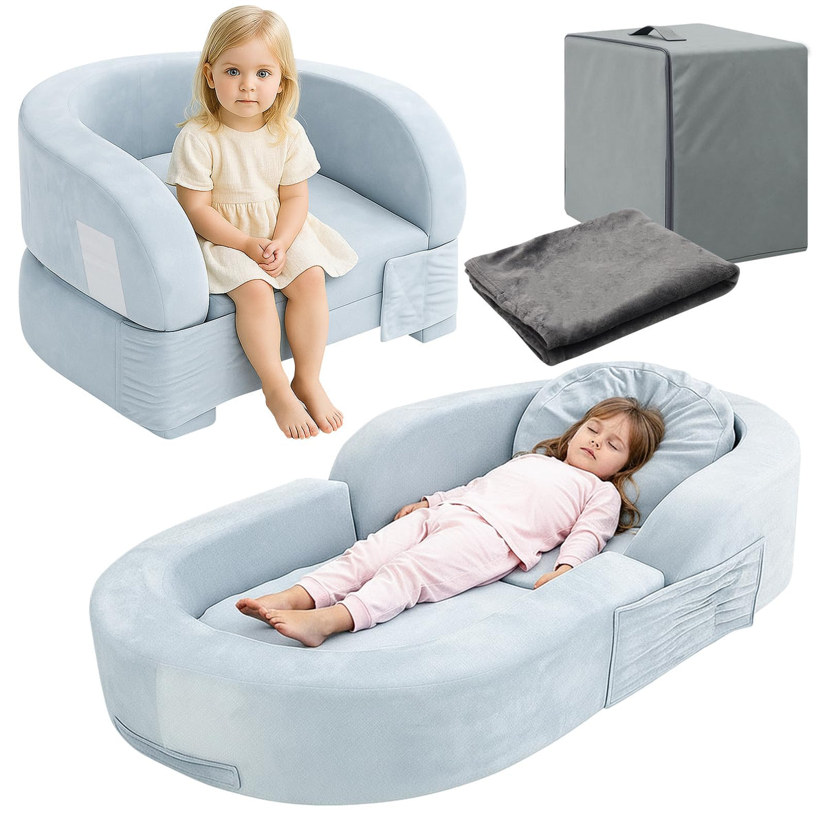 Coumy toddler travel bed folded for easy transport and compact storage.