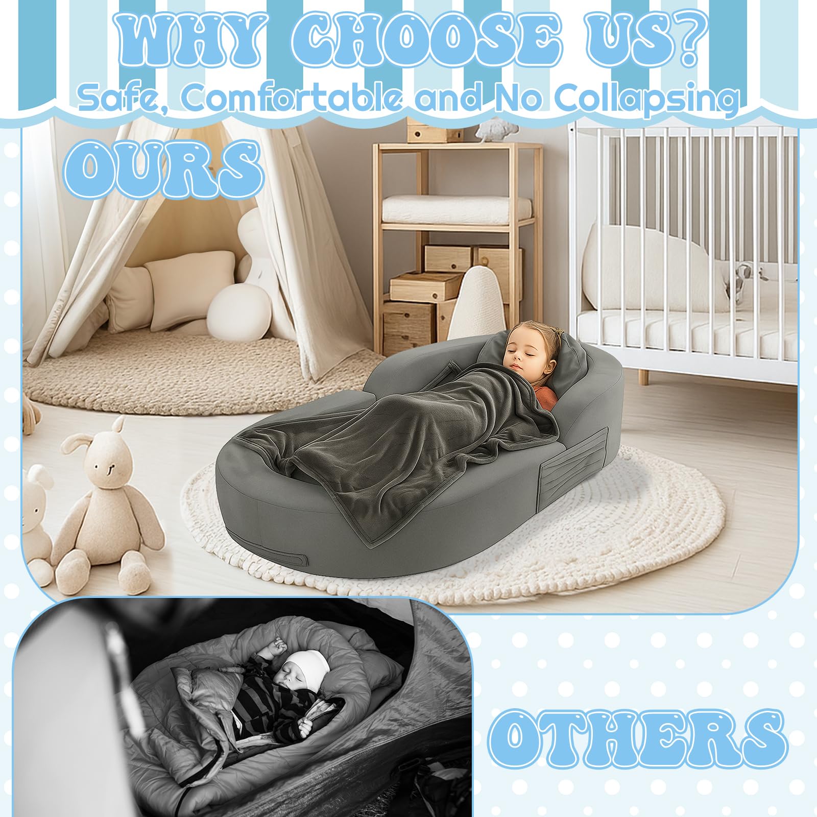 Coumy travel bed includes zippered storage for small essentials