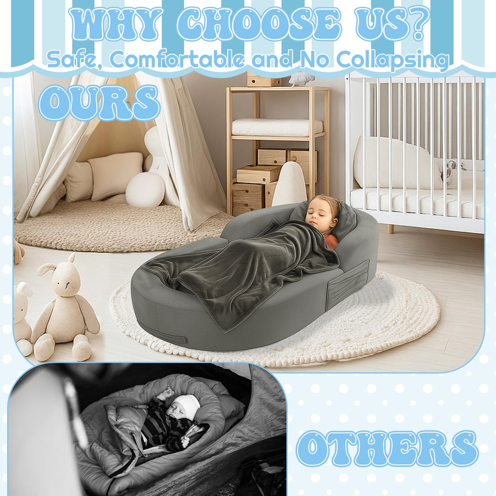 Coumy travel bed includes zippered storage for small essentials