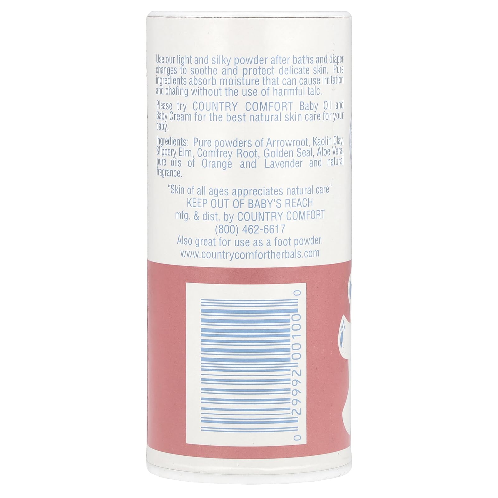 Country Comfort Pure Herbal Baby Powder shake-top container enables easy, mess-free application after baths.