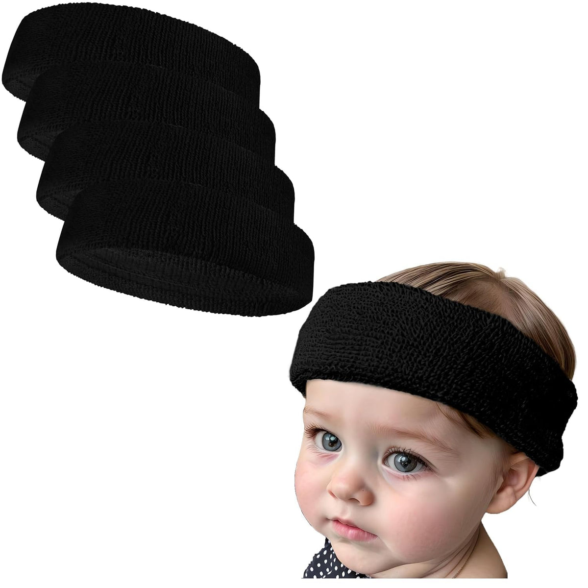 COUVER baby headband in black terry four-piece set, soft and absorbent for daily wear.