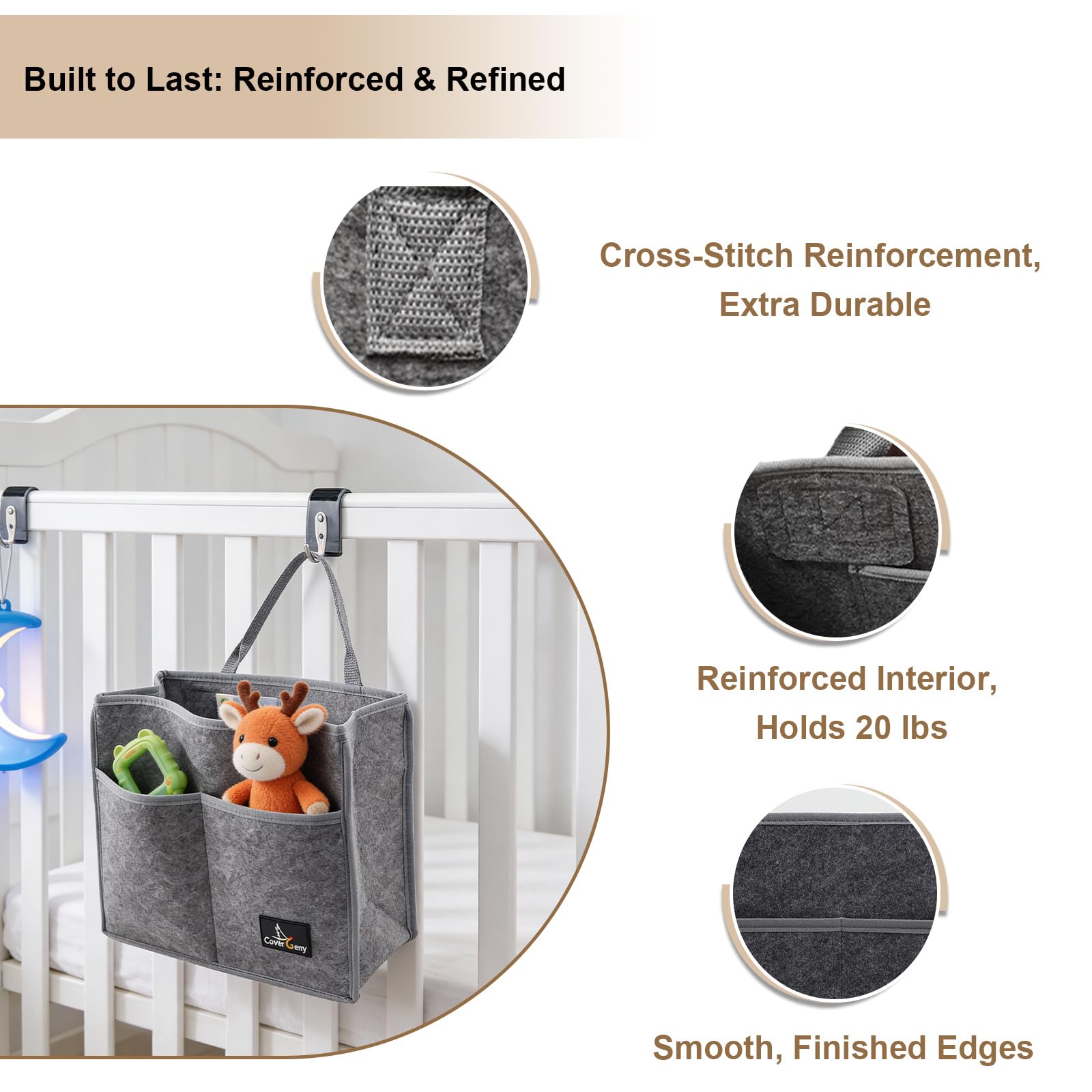 Cover Geny rail-side-pocket-organization locates remotes and keys near the stairs.