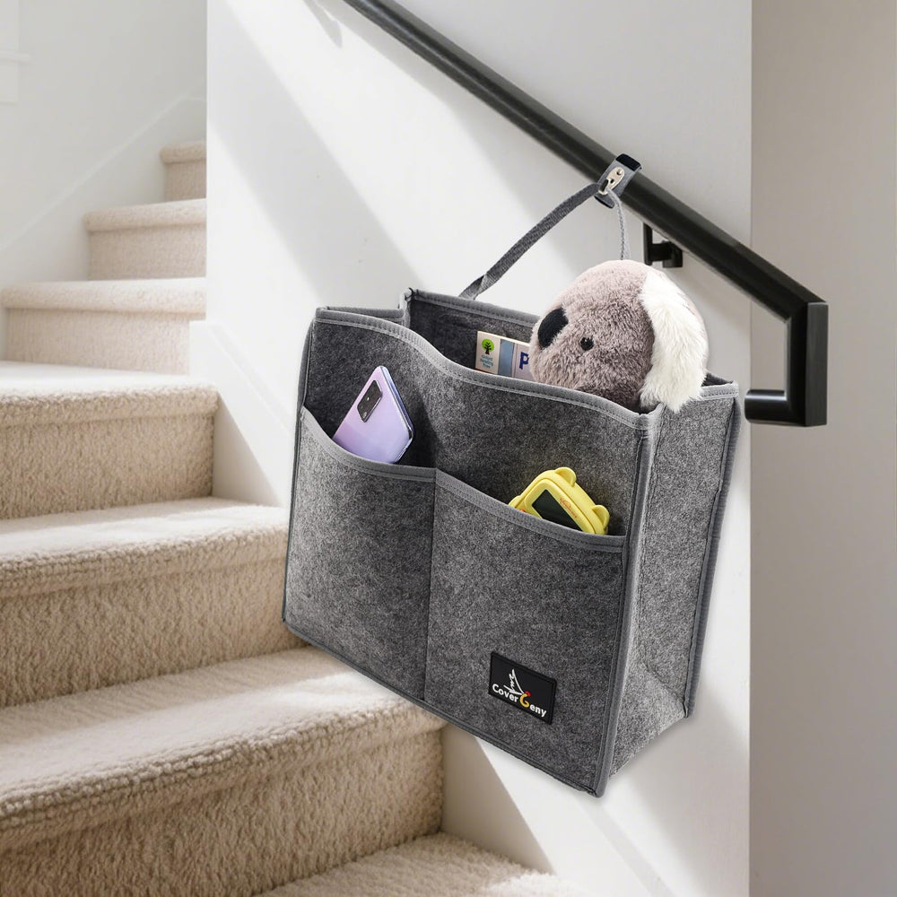 Cover Geny stair-handrail-caddy on rail holds toys within easy reach.