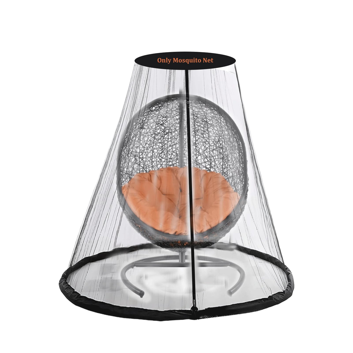 Coverify hanging egg chair netting shows bottom diameter 69in for insect-free lounging.