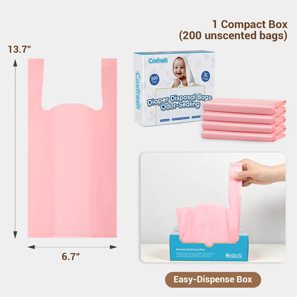 Covfresh pink diaper bag with tie handle for hygienic disposal.