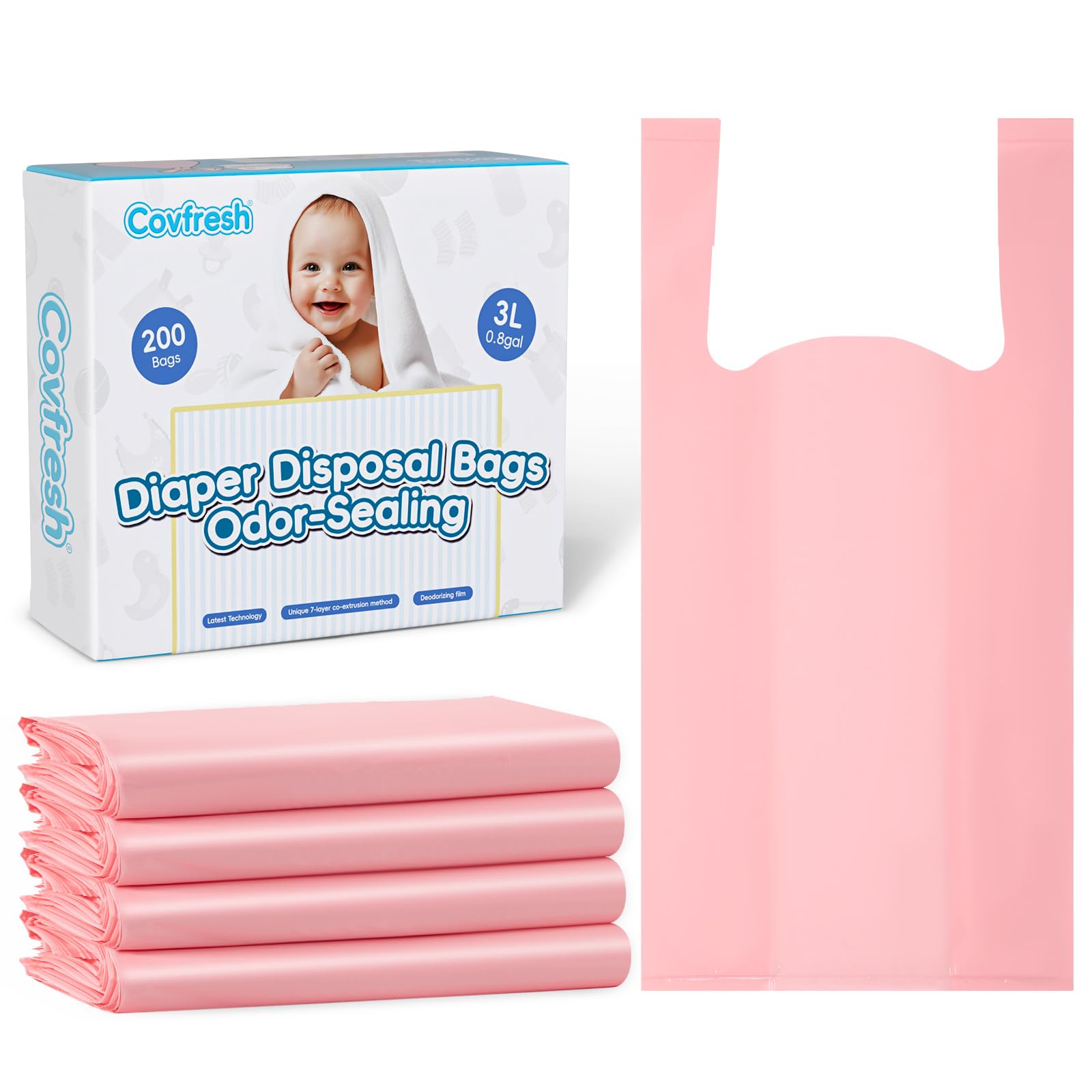 Covfresh pink box of 200 odor sealing diaper bags for odor control.