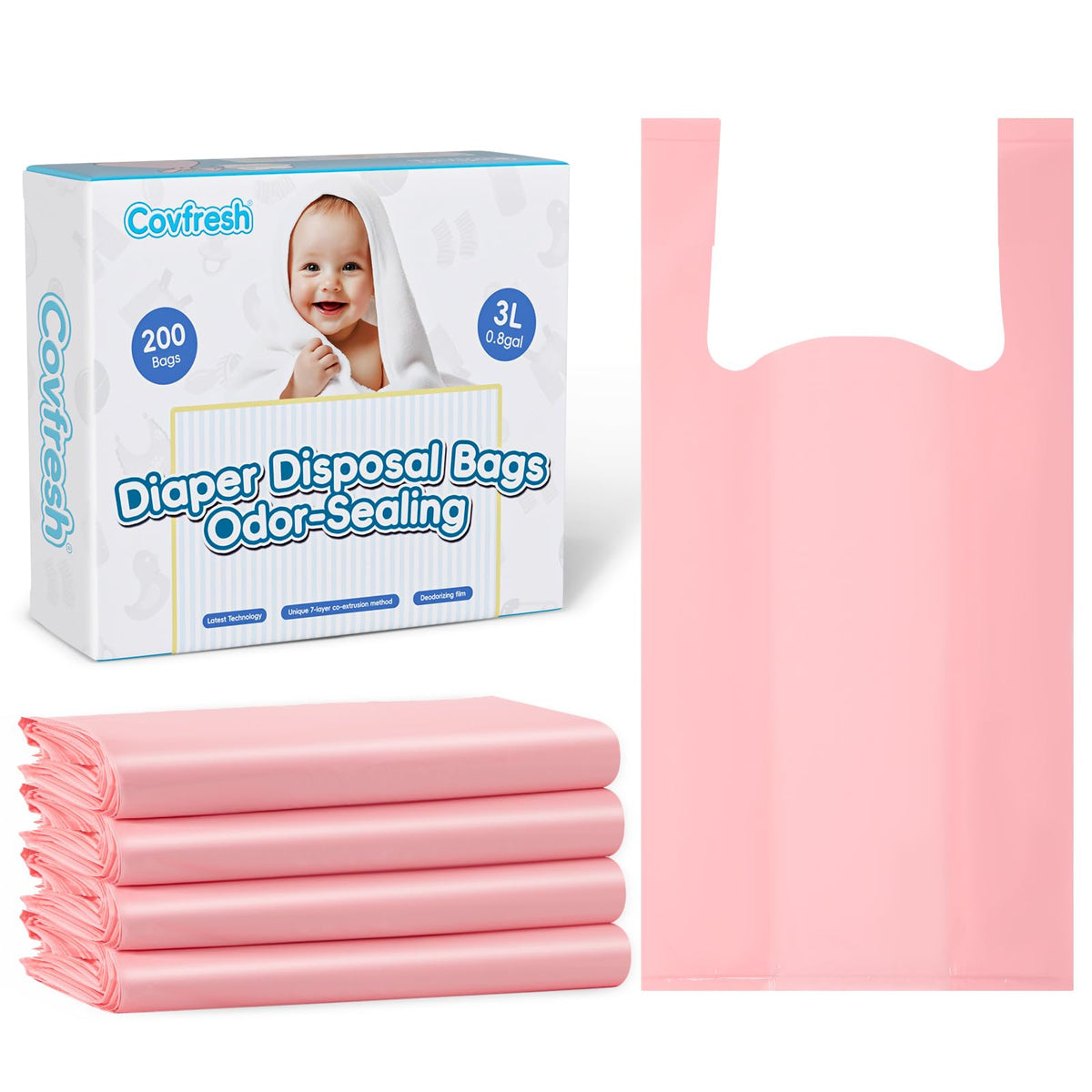 Covfresh pink box of 200 odor sealing diaper bags for odor control.