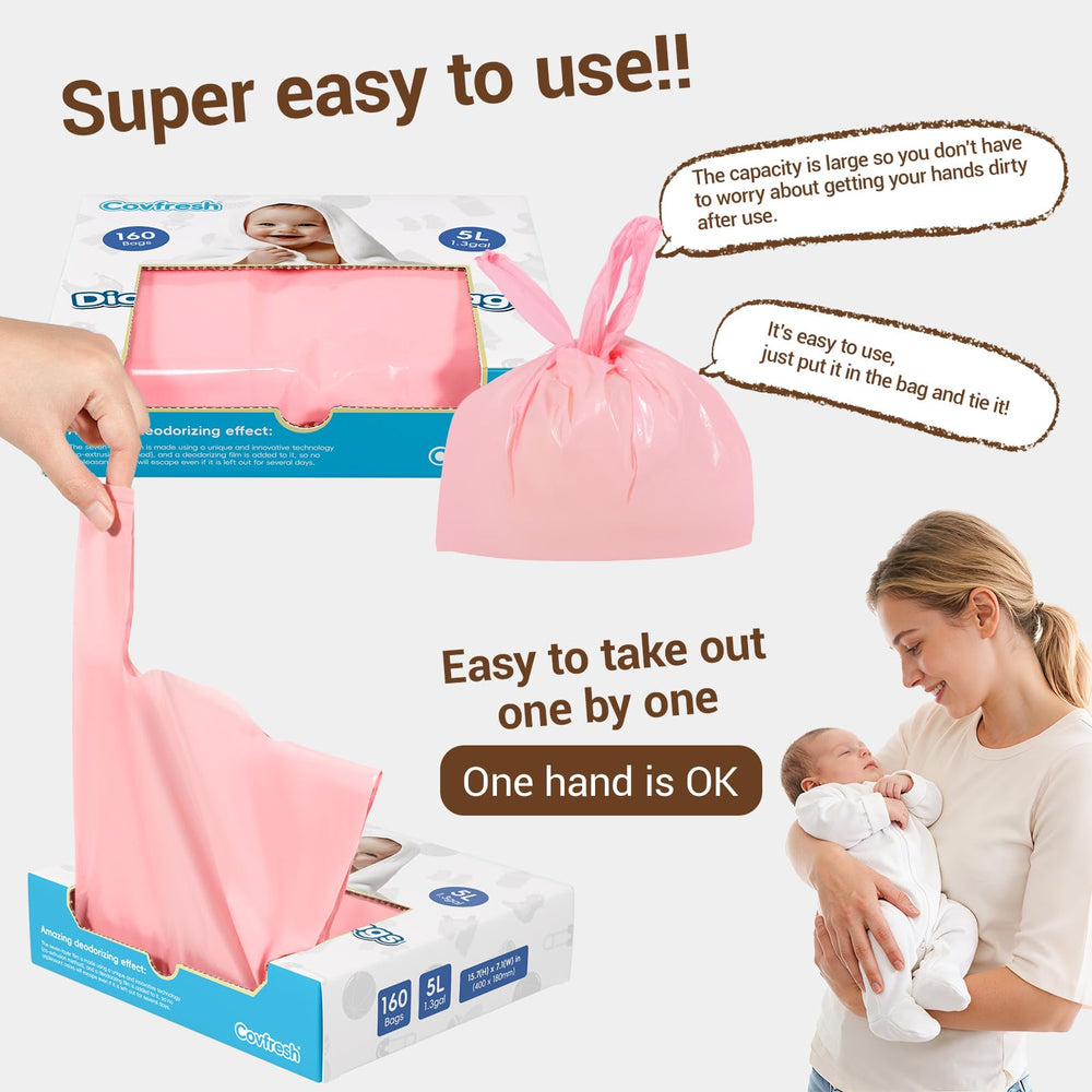 Covfresh thick, opaque, leak-proof diaper bags for privacy.