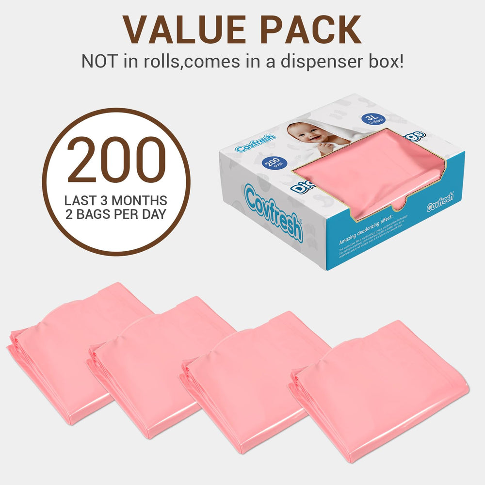 Covfresh unscented pink diaper bags for discreet disposal.