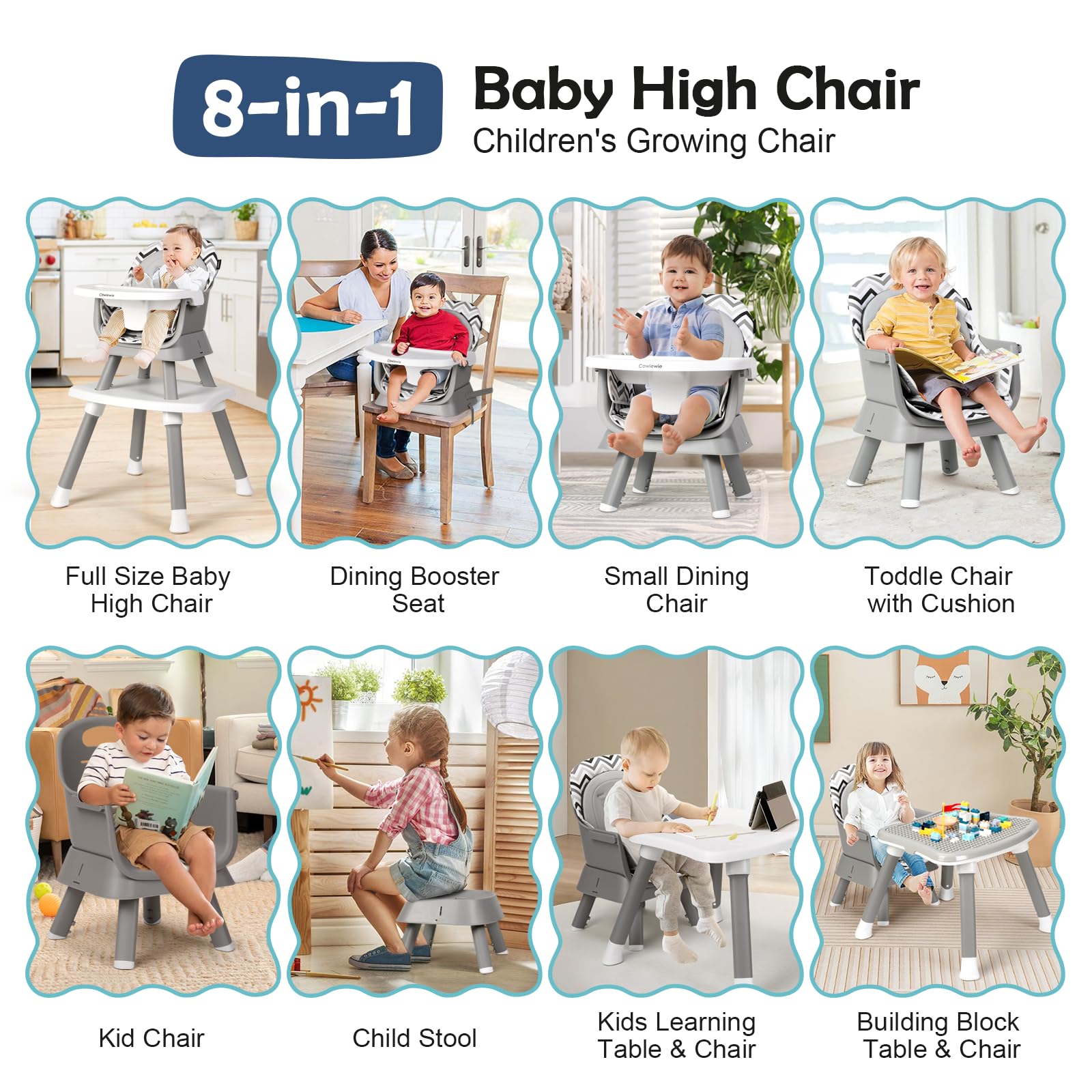 Cowiewie 8-in-1 high chair booster seat elevates kids to table height