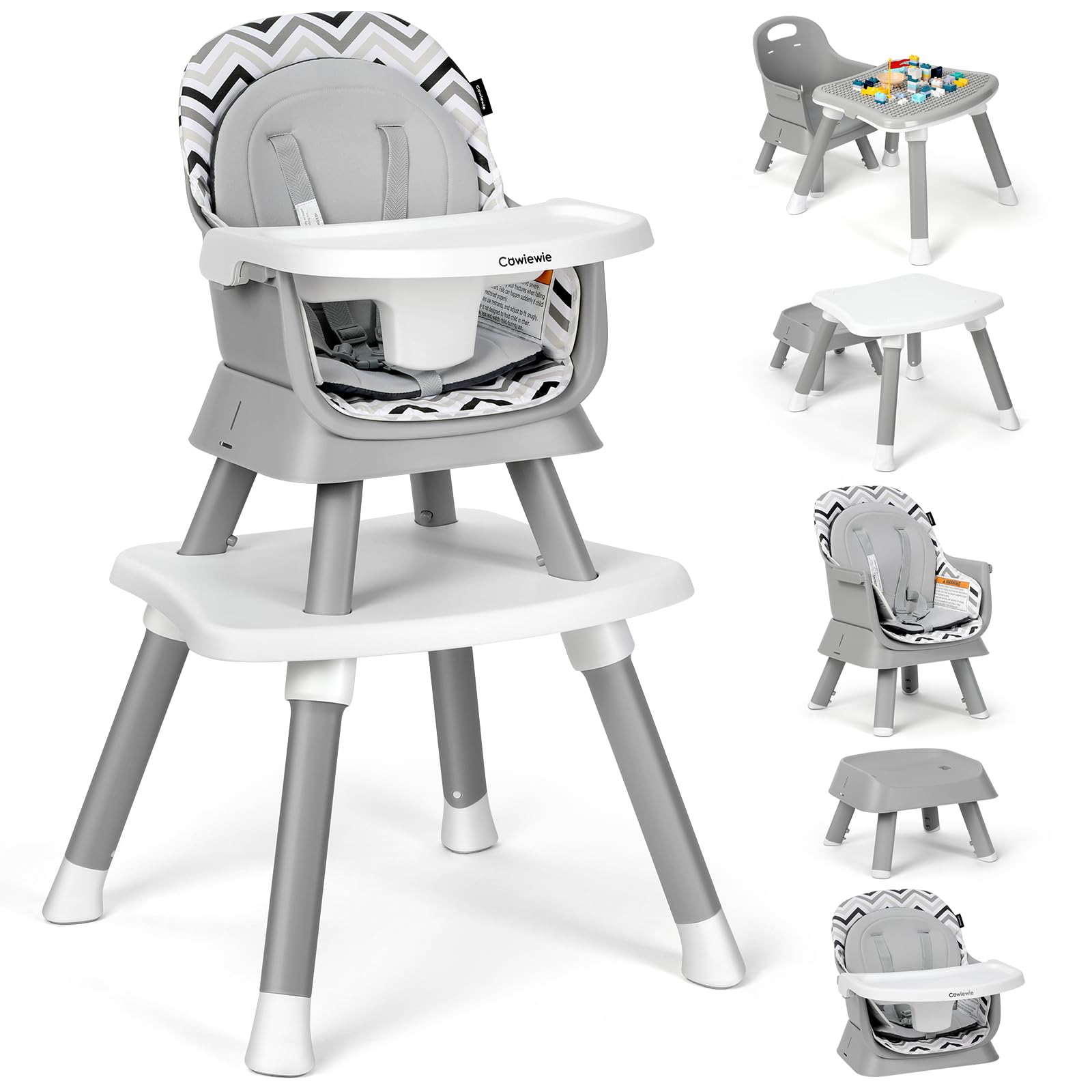 Cowiewie 8-in-1 high chair full-seat setup supports growing infants during meals