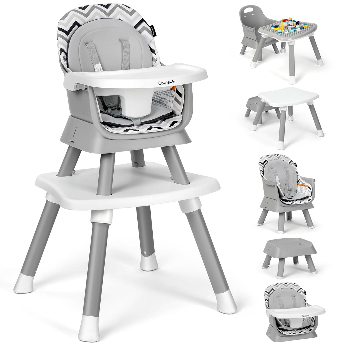 Cowiewie 8-in-1 high chair full-seat setup supports growing infants during meals
