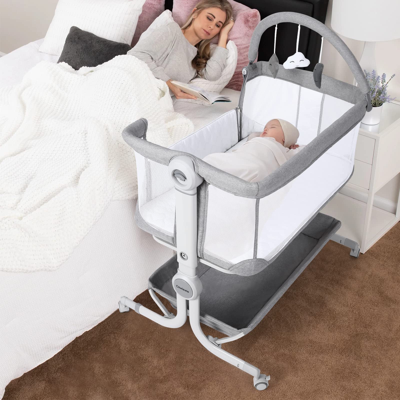 Cowiewie bassinet full mesh breathable design keeps baby comfy and visible from bed.