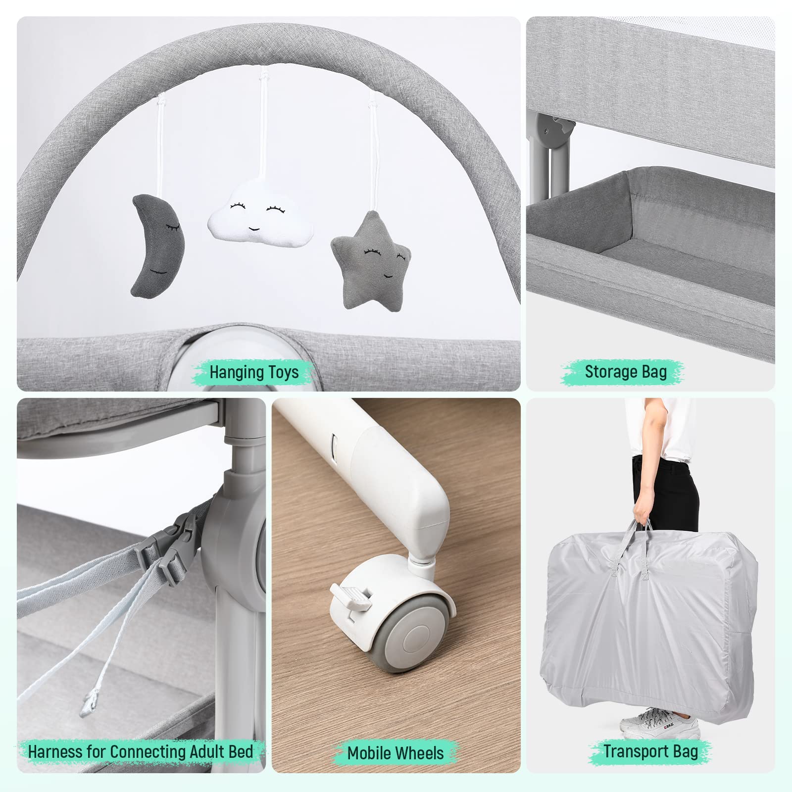 Cowiewie bassinet offers six height positions for snug bedside alignment.