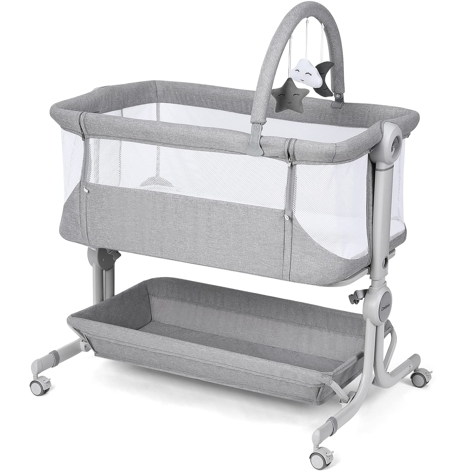 Cowiewie bassinet patented safety locks ensure secure setup during nightly use.
