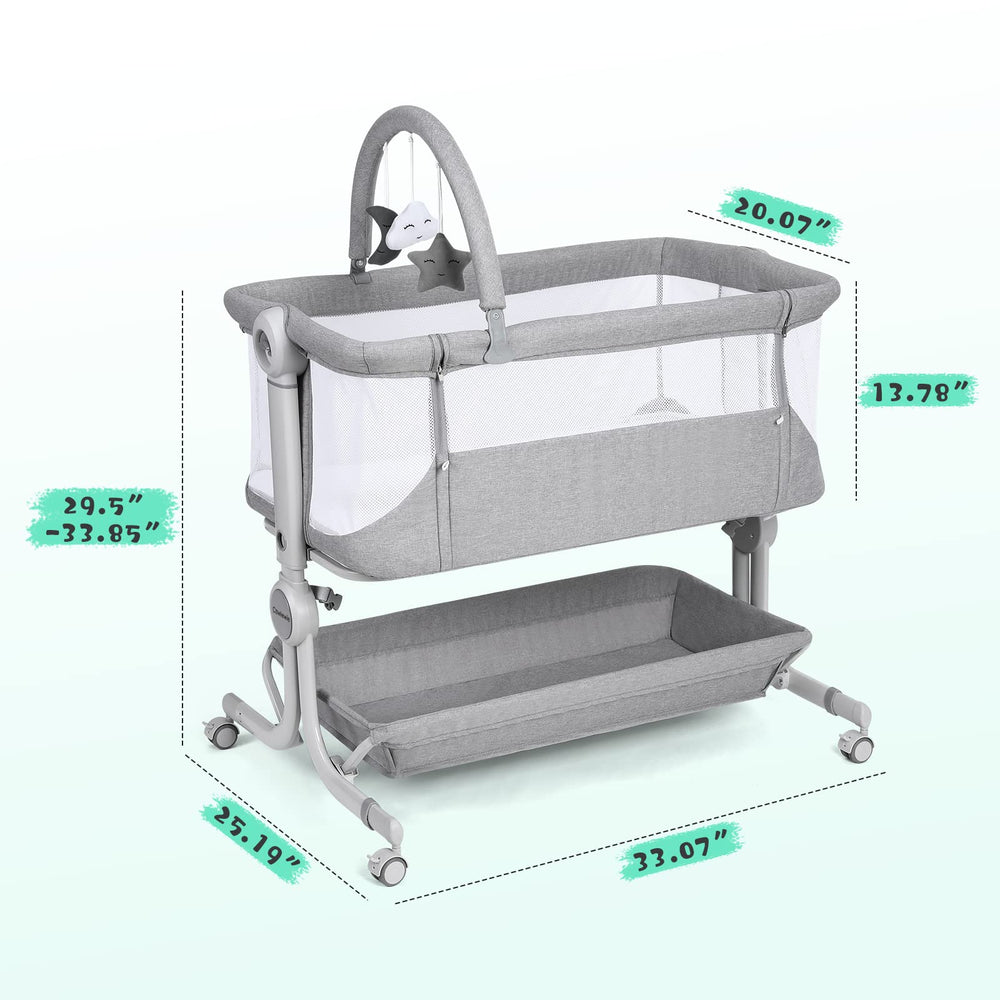 Cowiewie bassinet pi-type stability keeps the frame steady beside the bed.