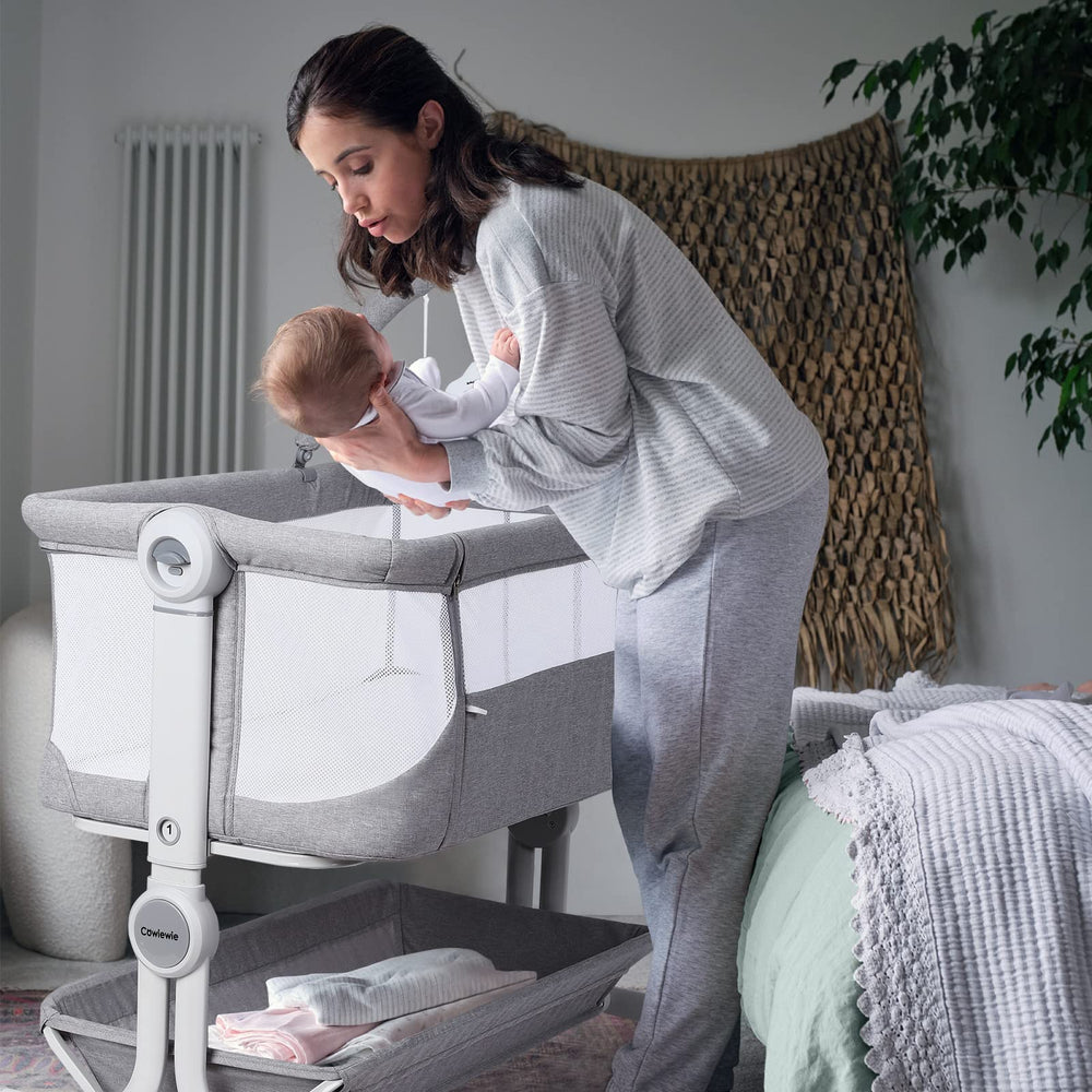 Cowiewie bassinet wheels enable smooth movement from bed to sofa area.