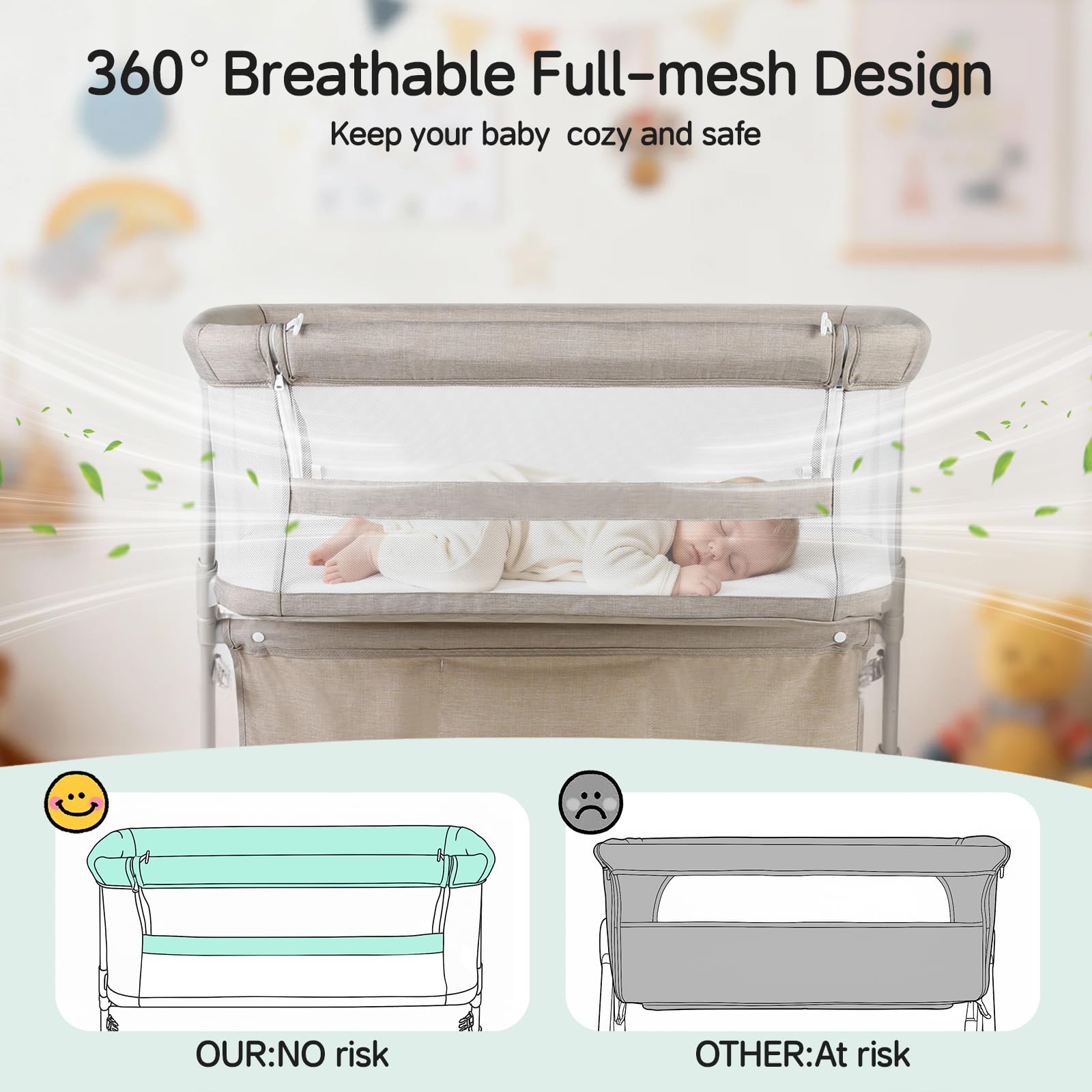 Cowiewie bassinet 360-degree visibility lets you check baby from any angle