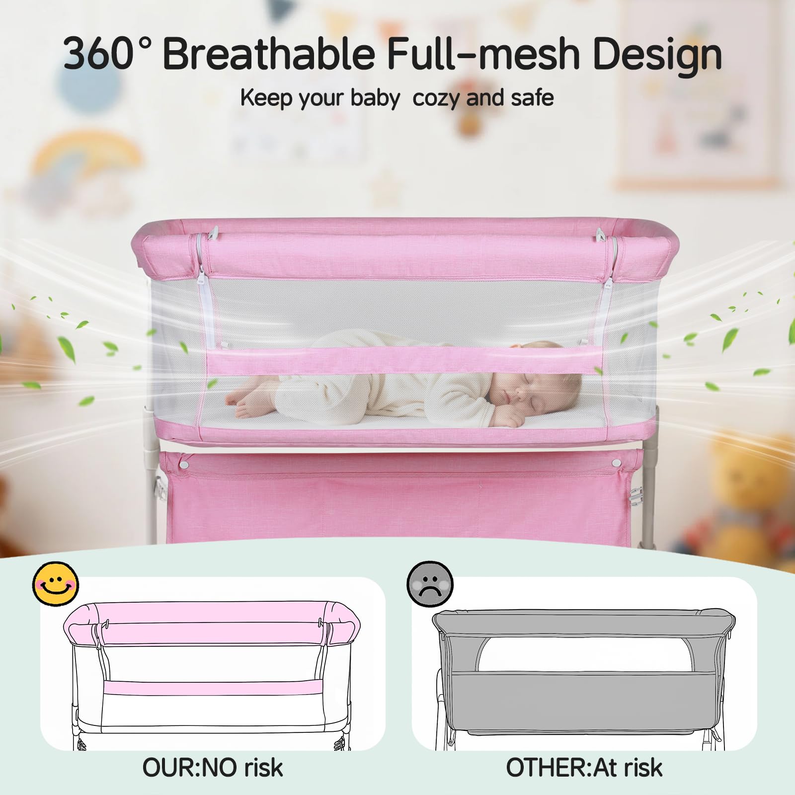 Cowiewie Bassinet 360° mesh sides promote airflow and easy visibility of baby.