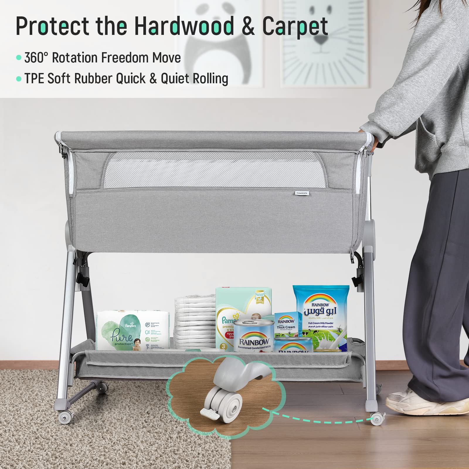 Seven-height adjustment on the Cowiewie bassinet aligns with bed height for comfort.