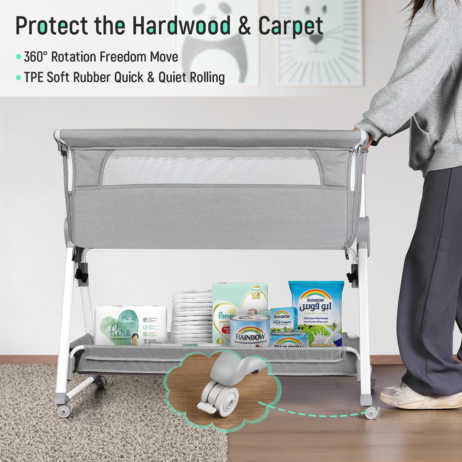 Cowiewie bassinet showing seven-height adjustment to align with most beds.