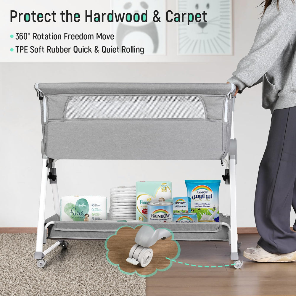 Cowiewie bassinet showing seven-height adjustment to align with most beds.