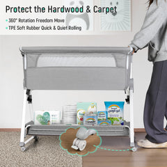 Cowiewie bassinet showing seven-height adjustment to align with most beds.