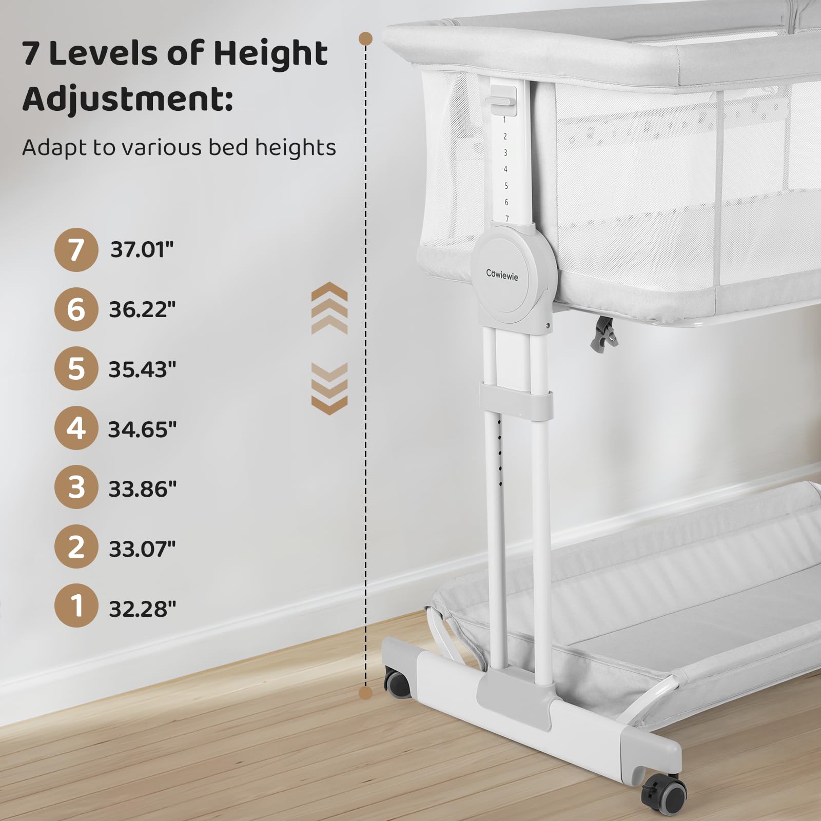 Cowiewie Bassinet 7-height adjustment aligns with your bed for convenient night feeds.