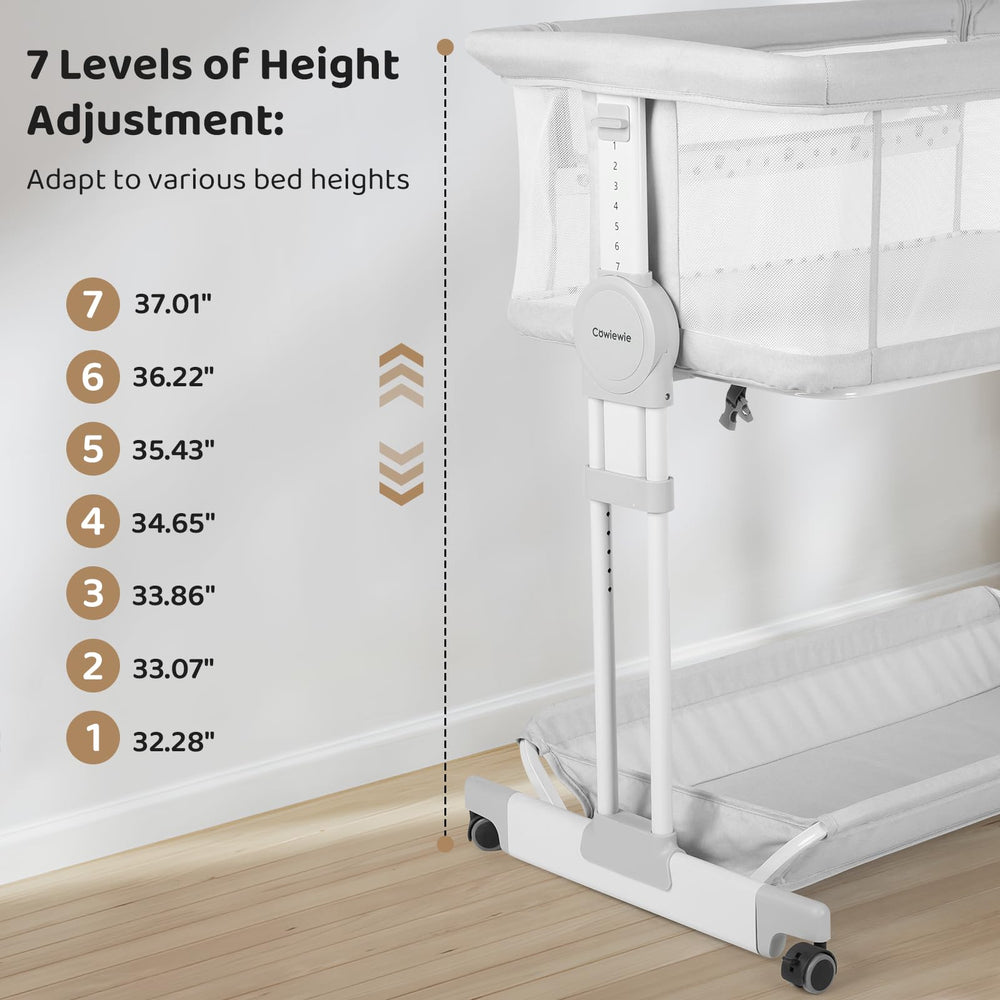 Cowiewie Bassinet 7-height adjustment aligns with your bed for convenient night feeds.
