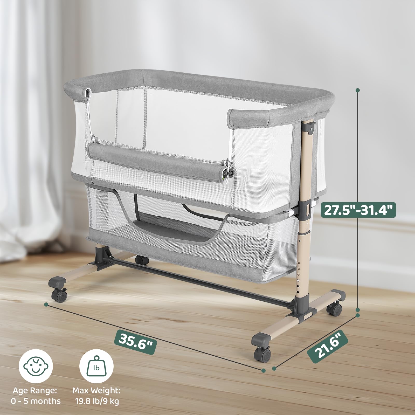 Lightweight aluminum frame of Cowiewie bassinet for easy portability.