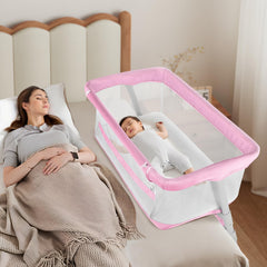 Cowiewie Bassinet Bedside over-bed setup for safe co-sleeping proximity.