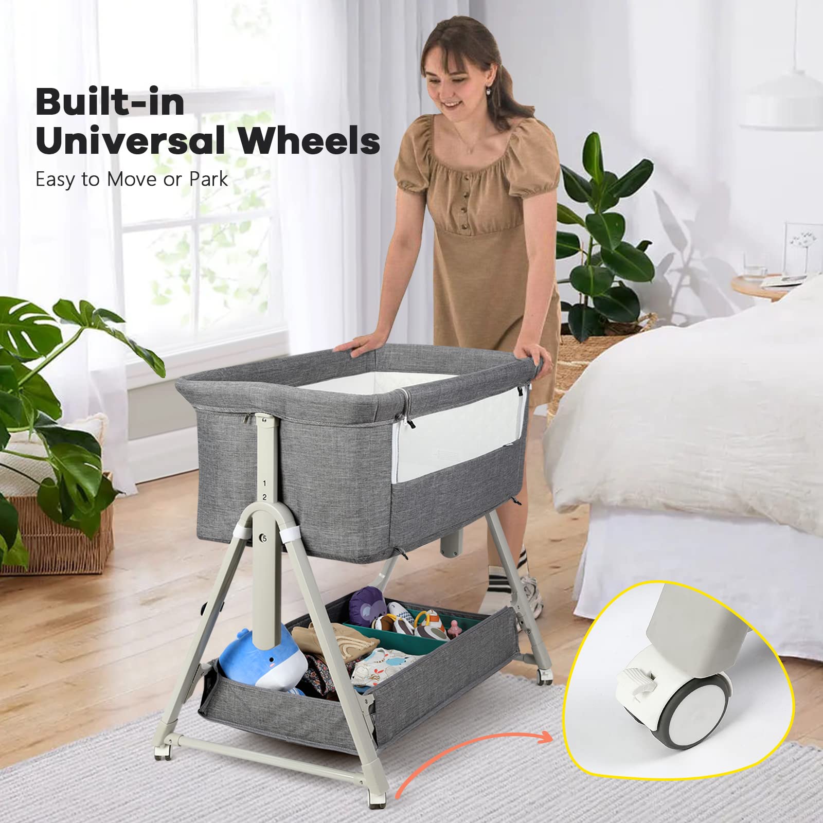Cowiewie Bassinet Bedside Sleeper with four wheels for effortless room-to-room movement.